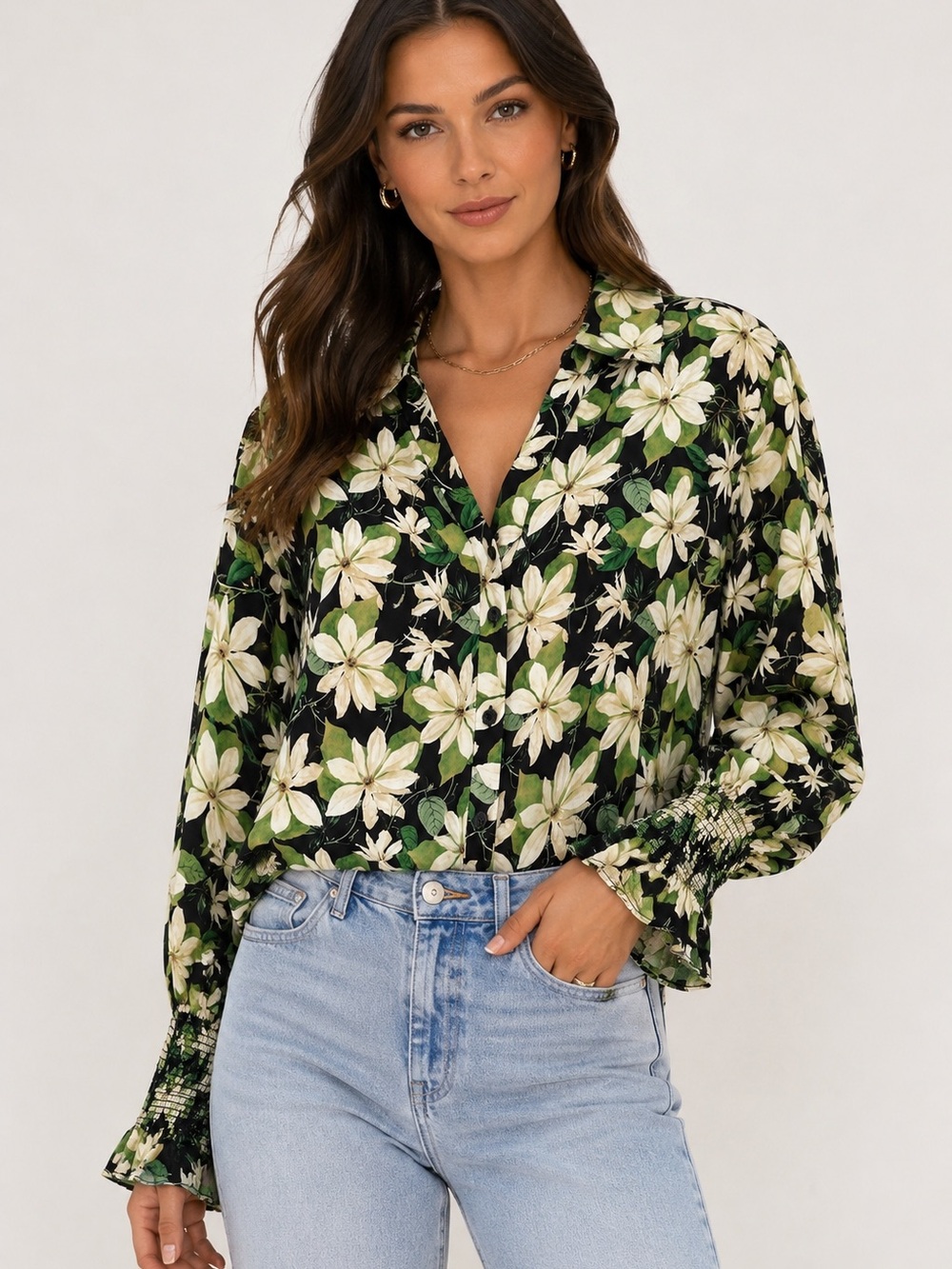 Alice + Olivia Floral Button Front Blouse Black Green White Smocked Cuff Top